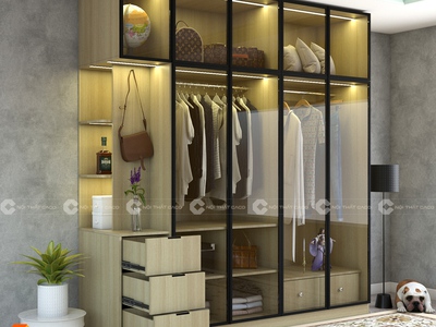 Tủ Quần Áo Gỗ Công Nghiệp MDF Kịch Trần Vàng Phối Xám 1