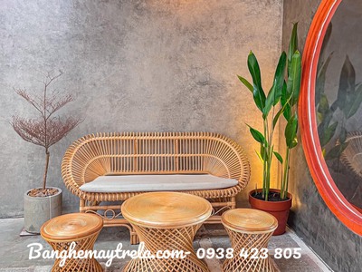 Bộ bàn ghế sen tròn mây tự nhiên 8