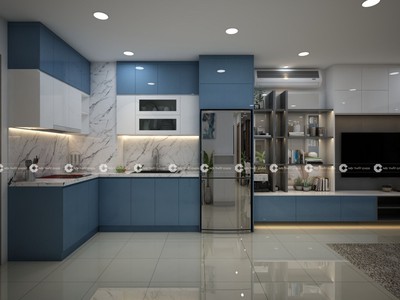 Tủ Bếp Gỗ Công Nghiệp MDF Màu Xanh Phối Trắng 0