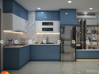 Tủ Bếp Gỗ Công Nghiệp MDF Màu Xanh Phối Trắng 1