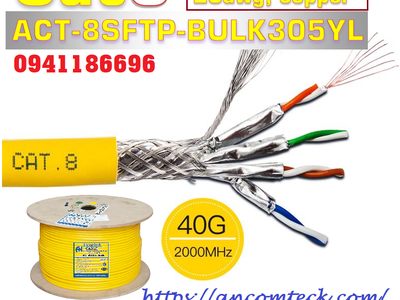 Dây Cáp CAT8 SFTP Dạng Xoắn 23AWG tốc độ 40G 2000MHz Hỗ Trợ PoE, ACT-8SFTP- BULK305YL, sẵn kho 15