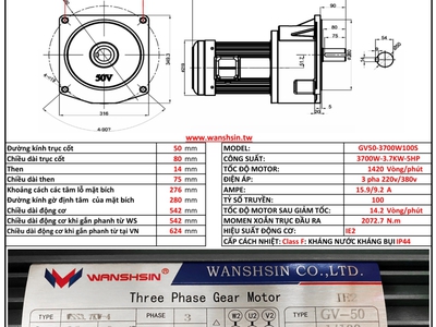 Động cơ giảm tốc mặt bích wanshsin gv50-2200w-120s 0