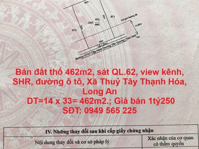 Bán đất thổ 462m2, sát ql.62, view kênh, shr, đường ô tô, xã thuỷ tây thạnh hóa, long an 0