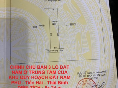 Chính chủ bán 3 lô đất nằm ở trung tâm của khu quy hoạch đất nam phú - tiền hải - thái bình 0