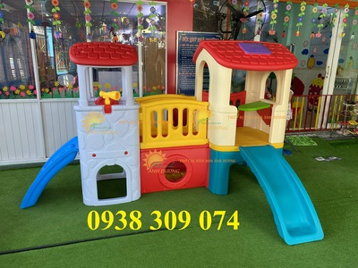 Bộ cầu trượt 2 mái nhà ,Bộ nhà leo cầu trượt 2 khối BCT 2