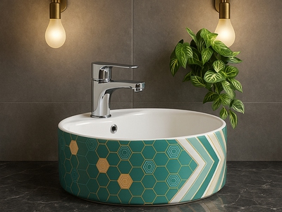 Lavabo đặt bàn tròn xanh chấm bi lòng chậu trắng mtla 161 