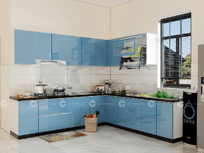 Tủ Bếp Acrylic An Cường Bóng Gương Màu Xanh Cao Cấp 0
