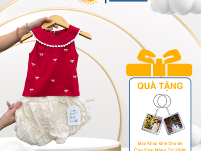 Set áo cổ sen đỏ phối ren tim và chân váy bồng kem dễ thương cho bé 0