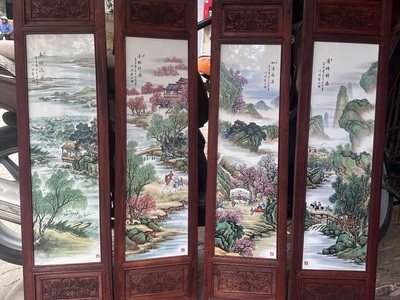 Bộ tranh sơn thuỷ gốm sứ khung gỗ 0