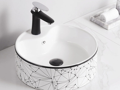 Lavabo Đặt Bàn Đá Tròn Trắng Viền Đen MTLA-75 0