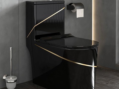 Bồn Cầu 1 Khối Đen Viền Vàng Nút Xả Lệch 0
