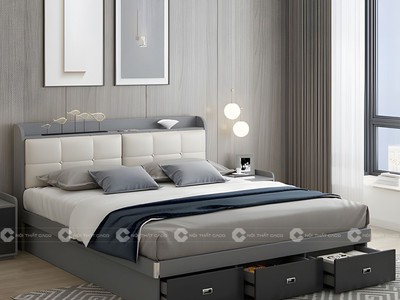 Giường Ngủ Gỗ Công Nghiệp Bọc Nệm Màu Xám 2