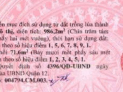 Kẹt tiền bán gấp đất thổ 986m  mặt tiền đông hưng thuận 10b, q12   giảm sâu 6t 0