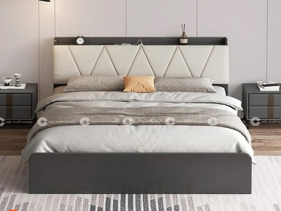 Giường Ngủ MDF Melamine Màu Xám Chì Kết Hợp Đầu Nệm Và Vai Học Kéo Cao Cấp 0