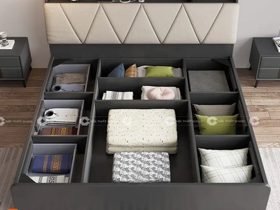 Giường Ngủ MDF Melamine Màu Xám Chì Kết Hợp Đầu Nệm Và Vai Học Kéo Cao Cấp 2