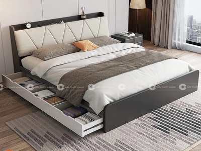 Giường Ngủ MDF Melamine Màu Xám Chì Kết Hợp Đầu Nệm Và Vai Học Kéo Cao Cấp 3