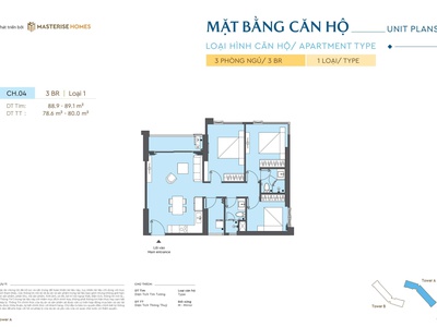Căn 3PN/80M2 view sông tam thủy giao lộ giá 6.051 Tỷ - MASTERI RIVERA 1