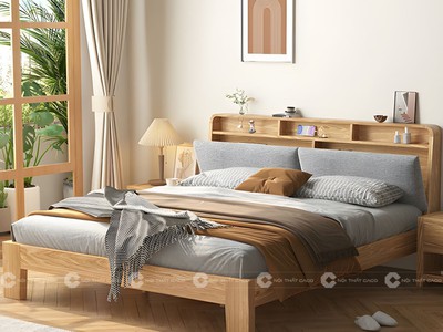 Giường Ngủ Gỗ Tự Nhiên Có Bọc Nệm Và Kệ Đầu Giường Hiện Đại 1