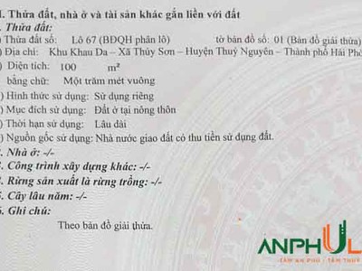 Cần bán lô 67 dự án Khau Da, Phường Thủy Nguyên   xã Thủy Sơn , TP Hải Phòng 0