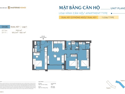 Căn DUAL KEY / 101.2M2 giá 7.991 tỷ View thành phố và sông Hàn - MASTERI RIVERA 2