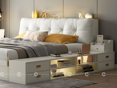 Giường Ngủ Gỗ Công Nghiệp Màu Trắng Tích Hợp Kệ Sách 2