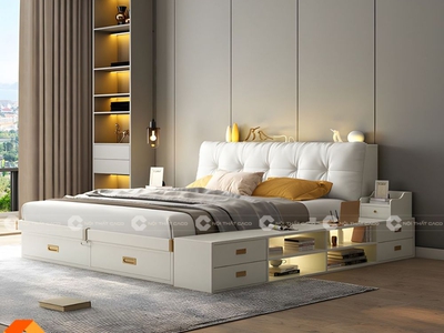 Giường Ngủ Gỗ Công Nghiệp Màu Trắng Tích Hợp Kệ Sách 0