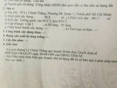 Chính chủ bán mặt tiền lý chính thắng, p.8, q.3: dt 4.3x27m, giá chỉ 48 tỷ. liên hệ: o981.699.932 2