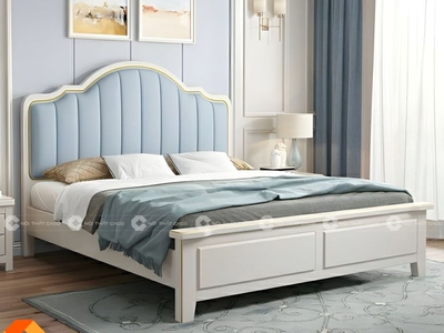 Giường Ngủ Gỗ Tự Nhiên Sơn Trắng Bọc Nệm Đầu Giường 2