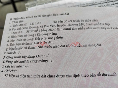Chính chủ bán lô đất sát ngay khu đấu giá 58,57m tại đại yên-chương mỹ-hà nội 3