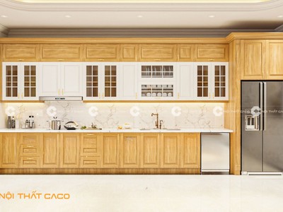 Tủ Bếp Gỗ Sồi Tự Nhiên Tông Nâu Trầm Sang Trọng 1