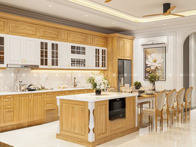 Tủ Bếp Gỗ Sồi Tự Nhiên Tông Nâu Trầm Sang Trọng 2