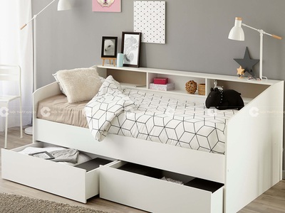 Giường Ngủ MDF Melamine Màu Trắng Có Kệ Hiện Đại 0