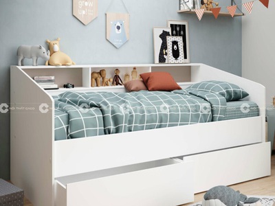 Giường Ngủ MDF Melamine Màu Trắng Có Kệ Hiện Đại 1