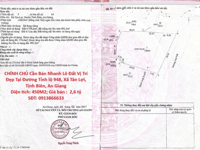 Chính chủ cần bán nhanh lô đất vị trí đẹp tại đường tỉnh lộ 948, xã tân lợi, tịnh biên, an giang 0