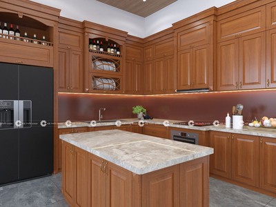 Tủ Bếp Gỗ Xoan Đào Kết Hợp Bàn Đảo Hiện Đại, Tiện Nghi 0