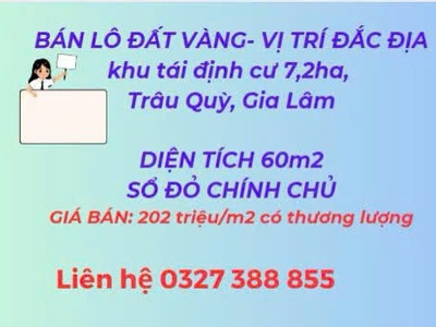 Gđ cần bán lô đất vàng chính chủ đúng trên bìa đỏ  khu tái định cư 7,2 ha,trâu quỳ,gia lâm 0