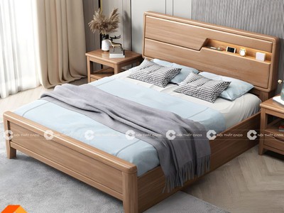 Giường Ngủ Gỗ Sồi Tự Nhiên Có Kệ Trang Trí Hiện Đại 0