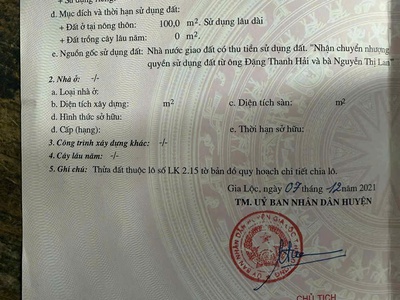 Bán lô đất 100m2  full thổ cư ngay cạnh uỷ ban thôn quán đào - tân tiến - gia lộc - hải dương   nay 0