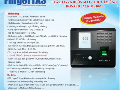 Máy chấm công bằng khuôn mặt mB10VL, bh 12 tháng, tặng phần mềm vĩnh viễn 0