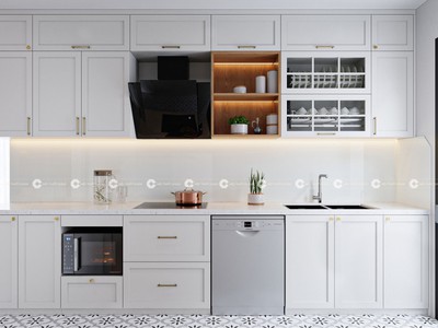 Tủ Bếp Gỗ Công Nghiệp Chữ I Phối Màu Trắng Đẹp Hiện Đại 0