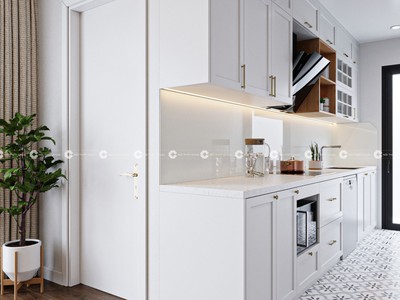 Tủ Bếp Gỗ Công Nghiệp Chữ I Phối Màu Trắng Đẹp Hiện Đại 1