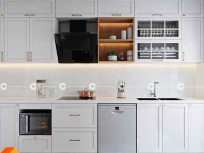 Tủ Bếp Gỗ Công Nghiệp Chữ I Phối Màu Trắng Đẹp Hiện Đại 2