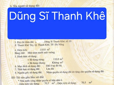 Bán đất kiệt ô tô dũng sĩ thanh khê - cách đường chính 30m 2