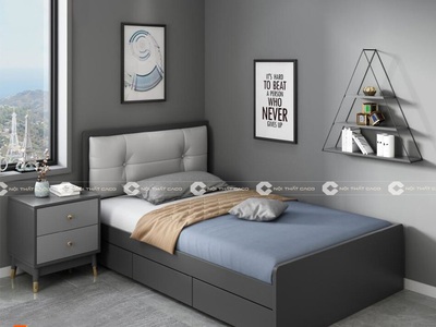 Giường Ngủ Gỗ Công Nghiệp Màu Xám Chì Bọc Đầu Nệm 0