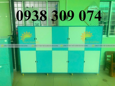 Tủ cặp mầm non gỗ cao su, tủ đựng balo mầm non MDF 5