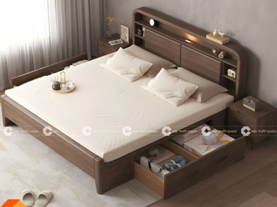 Giường Ngủ Gỗ Sồi Tự Nhiên Kết Hợp Hộc Kéo, Kệ Trang Trí 0