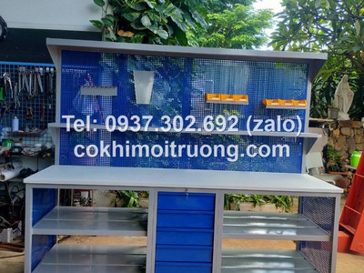 Bàn nguội cơ khí mặt gỗ kết hợp bảng treo, bàn thao tác cơ khí 10