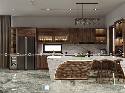 Tủ Bếp Gỗ Tự Nhiên Thiết Kế Chữ I Có Đảo Bếp Sang Trọng 1