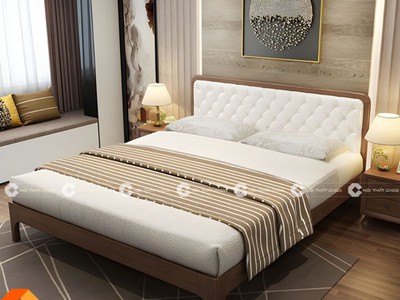 Giường Ngủ Gỗ Sồi Tự Nhiên Kết Hợp Bọc Đầu Nệm 0