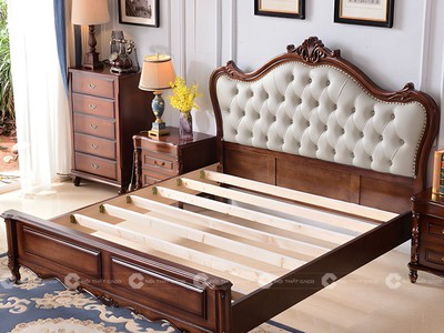Giường Ngủ Gỗ Tự Nhiên Tân Cổ Điển Đầu Bọc Nệm 2